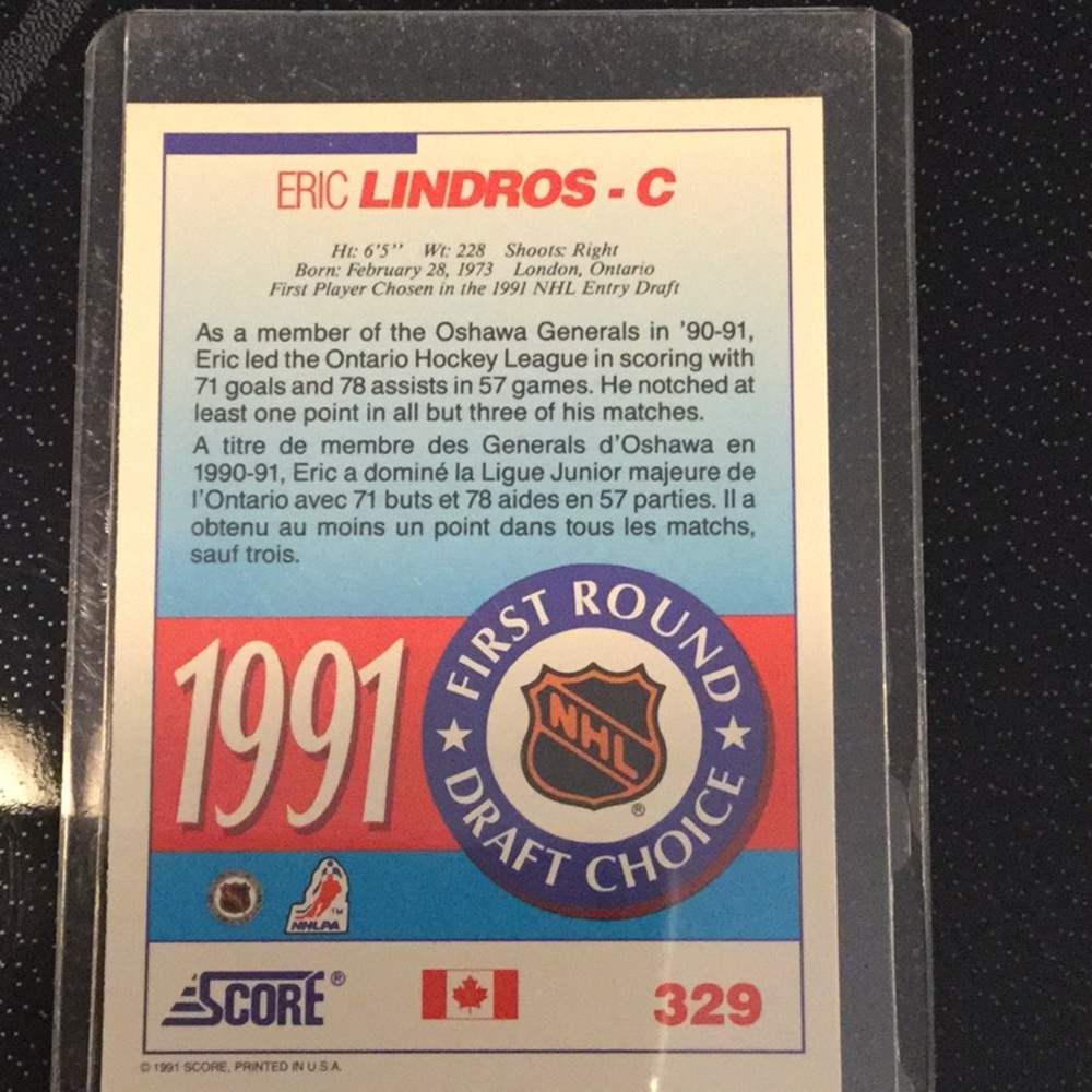 Eric Lindros, 1991 Score, ROOKIE Card - Picture 2 of 2